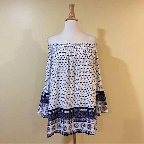 💥 CLEARANCE Bell Sleeve Off Shoulder Modern Floral Tunic Dress - Picture 5 of 8